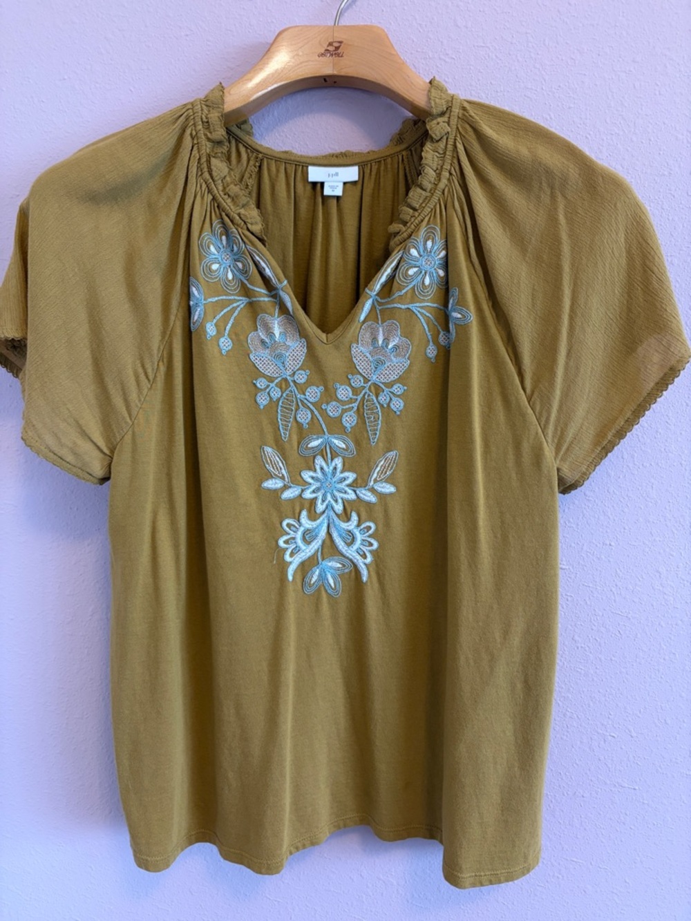 J. Jill Mustard/Green Embroidered V-Neck Tunic Top Size M